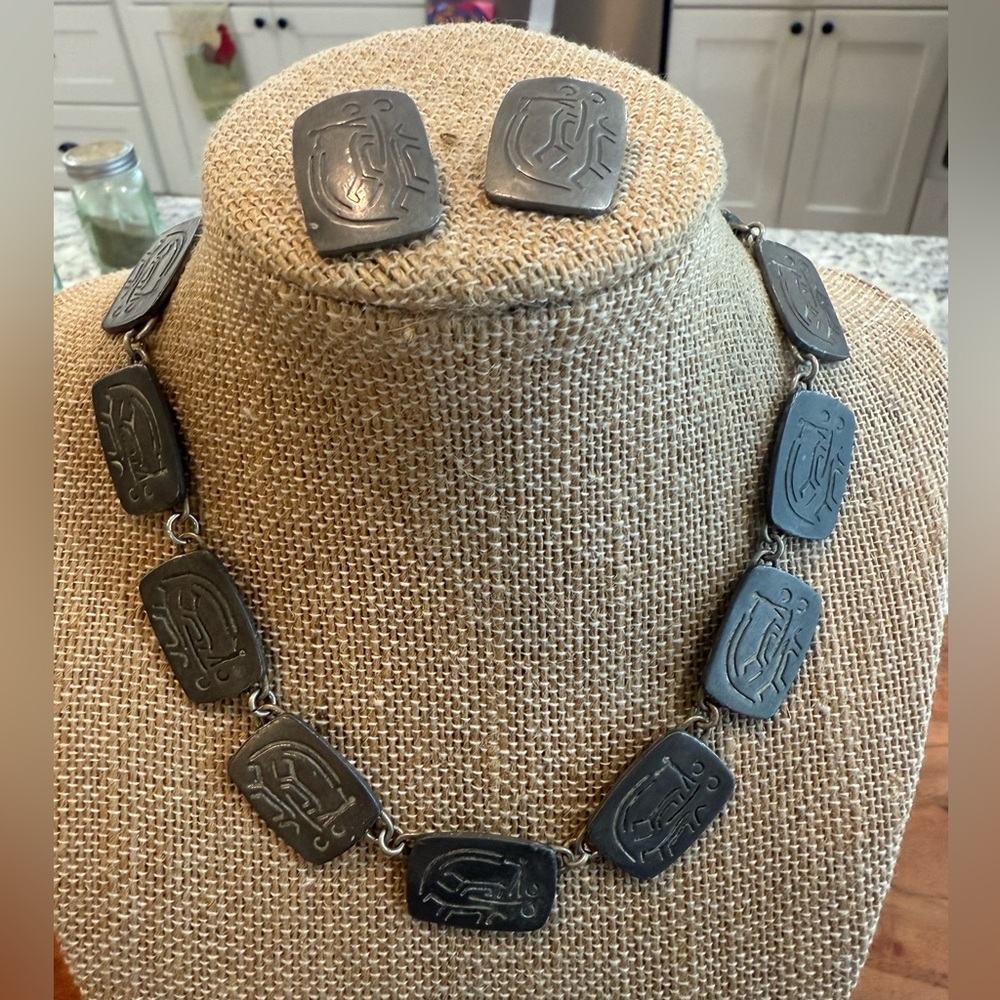 Vintage Jørgen Jensen Denmark pewter link necklace and clip earring set